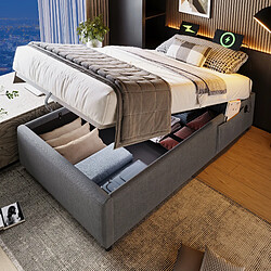 KOMHTOM Lit simple 90x190 cm, rangement hydraulique, USB-C, sommier plein, stable, gris