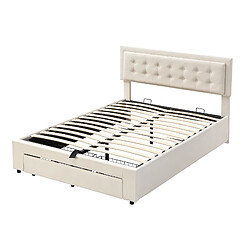 KOMHTOM Lit double 140x200, sommier lattes, rangement hydraulique, 2 tiroirs, tête réglable,beige pas cher