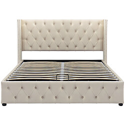 KOMHTOM Lit Chesterfield 140x200 cm, tête capitonnée 94,5 cm, rangement hydraulique,velours beige pas cher