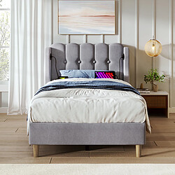 KOMHTOM Lit simple 90x200 cm, sommier inclus, tête de lit panel, USB-C, cadre robuste, lin gris