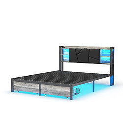 MEXUS Lit double 160x200cm avec tête de lit LED, étagère de rangement, port USB, 2 tiroirs, noir pas cher