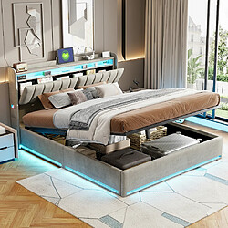 MEXUS Lit coffre 160x200 cm, avec éclairage LED et port USB, rangement, velours, gris