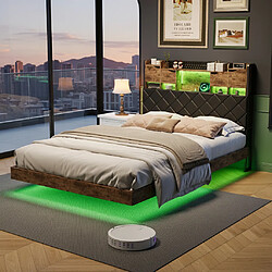 MEXUS Lit double capitonné 160x200 cm, avec éclairage LED, espace de rangement, PU, noir
