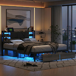 Acheter MEXUS Lit double 160x200cm avec tête de lit LED, étagère de rangement, port USB, 2 tiroirs, noir