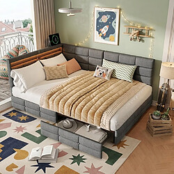 MEXUS Canapé Lit 140x190 cm avec LED et Prise USB, 2 Tiroirs, sommier à Lattes, Lin, Gris