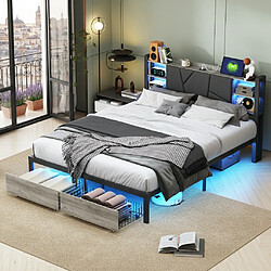 MEXUS Lit double 160x200cm avec tête de lit LED, étagère de rangement, port USB, 2 tiroirs, noir