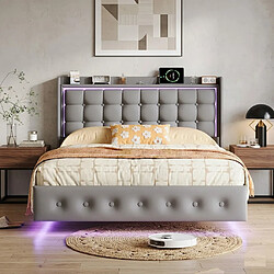 Avis MEXUS Lit Double 140x200 cm, avec LED et Ports USB, Tête de lit avec Rangement Ouvert, Gris