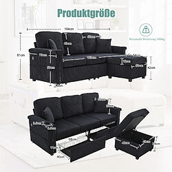 STILVORA Canapé modulable 194/73/81 cm noir en velours côtelé avec éclairage LED pas cher