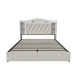 MEXUS Lit Coffre 140x200 avec Lumières LED, Prises USB, Sommier à Lattes, Tête de lit, Beige pas cher