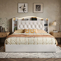 Avis MEXUS Lit Coffre 140x200 avec Lumières LED, Prises USB, Sommier à Lattes, Tête de lit, Beige
