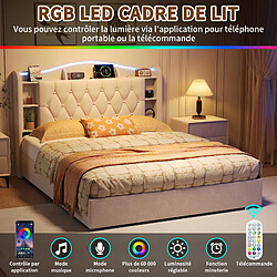 Acheter MEXUS Lit Coffre 140x200 avec Lumières LED, Prises USB, Sommier à Lattes, Tête de lit, Beige
