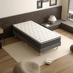 DEWINNER Sommier tapissé gris 90x190 + matelas ressorts ensachés 25 cm, 6 pieds fournis pas cher