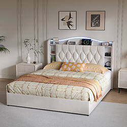 Acheter Lit Double -Superaly-lit 160x190cm - Lit Coffre Hydraulique - LED Et USB - Velours - Beige