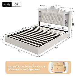 Lit Double -Superaly-lit 160x190cm - Lit Coffre Hydraulique - LED Et USB - Velours - Beige pas cher