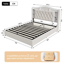 Lit Double -Superaly-lit 140x190cm - Lit Coffre Hydraulique - LED Et USB - Velours - Beige pas cher