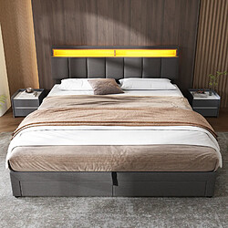 Avis Lit Double -Superaly-lit 160x200cm - Coffre Hydraulique - 2 Tiroirs - LED - Lin - Gris
