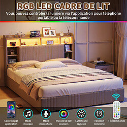 Avis Lit Double -Superaly-lit 140x200cm - Lit Rembourré - 4 Tiroirs - LED Et USB - Lin - Beige