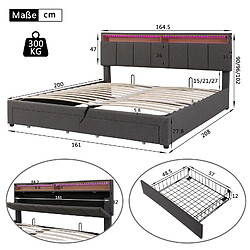 Lit Double -Superaly-lit 160x200cm - Coffre Hydraulique - 2 Tiroirs - LED - Lin - Gris pas cher