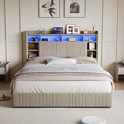 Acheter Lit Double -Superaly-lit 140x200cm - Lit Rembourré - 4 Tiroirs - LED Et USB - Lin - Beige