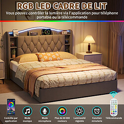 Acheter Lit Double -Superaly-lit 140x200cm - Lit Coffre Hydraulique - LED Et USB - Velours - Gris