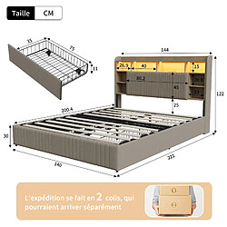 Lit Double -Superaly-lit 140x200cm - Lit Rembourré - 4 Tiroirs - LED Et USB - Lin - Beige pas cher