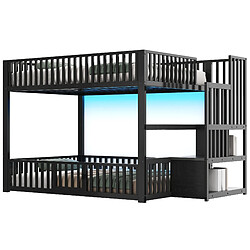 Lit superposé 140x200 cm - Modenvie - LED et rangement - Noir pas cher