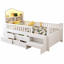 Lit Enfant 90x200 cm - Modenvie - rangement et LED avec USB - Bois - Blanc pas cher