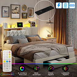 Avis Lit rembourré - Superaly - 140x200cm - avec 3 tiroirs et éclairage LED - Velours - Beige