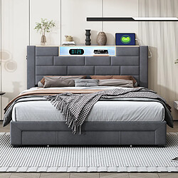 Acheter Lit rembourré - Superaly - 140x200cm - avec 3 tiroirs et éclairage LED - port USB - Gris