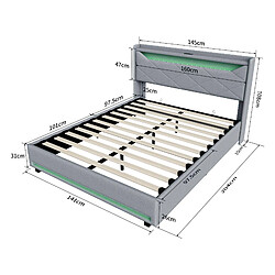 Acheter Lit double - Superaly - 140x200cm - avec LED et USB - gris