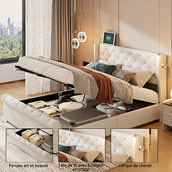 Acheter Lit double - Superaly - 140x190cm - avec lampe de lecture et port USB - Velours - Beige