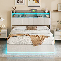 Acheter Lit rembourré - Superaly - 140x200cm-avec éclairage LED et tête de lit avec rangement-Beige