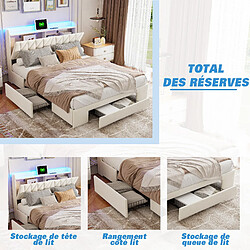 Lit rembourré - Superaly - 140x200cm - avec 3 tiroirs et éclairage LED - Velours - Beige pas cher