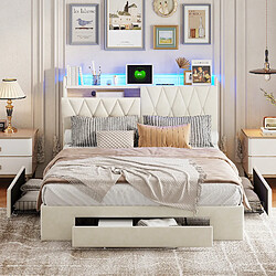 Acheter Lit rembourré - Superaly - 140x200cm - avec 3 tiroirs et éclairage LED - Velours - Beige