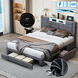 Lit rembourré - Superaly - 140x200cm - avec 3 tiroirs et éclairage LED - port USB - Gris pas cher