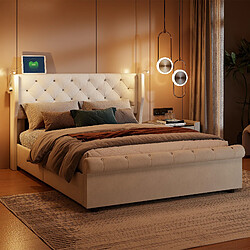 Avis Lit double - Superaly - 140x190cm - avec lampe de lecture et port USB - Velours - Beige