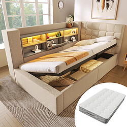 Avis STILVORA Lit rembourré 90/200 cm beige en lin avec LED rangement et matelas