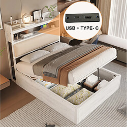 STILVORA Lit simple 90/200 cm blanc en métal bois et tissu avec rangement hydraulique et ports USB pas cher