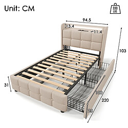 Acheter STILVORA Lit simple rembourré 90/200 cm beige en bois avec LED USB et 2 tiroirs
