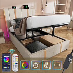 STILVORA Lit simple rembourré 90/200 cm beige en lin avec LED RGB rangement et ports USB Type-C pas cher