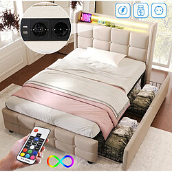 STILVORA Lit simple rembourré 90/200 cm beige en bois avec LED USB et 2 tiroirs pas cher