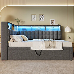 Acheter STILVORA Lit de jour 90/200 cm gris en lin avec lit gigogne LED et Bluetooth