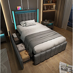 Avis STILVORA Lit simple rembourré 90/200 cm gris en lin avec LED USB Type-C et 2 tiroirs