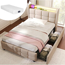 Avis STILVORA Lit simple rembourré 90/200 cm beige en bois avec LED USB et 2 tiroirs