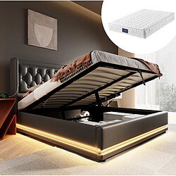 Avis STILVORA Lit double 160/200 cm noir en PU avec LED USB Type-C et rangement