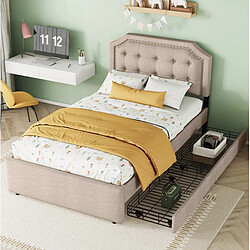 Avis STILVORA Lit simple 90/200 cm beige et brun en MDF avec 2 tiroirs et tête réglable