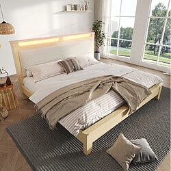 Acheter STILVORA Lit double 140/200 cm beige et chêne clair en bois et velours côtelé avec LED et rangement