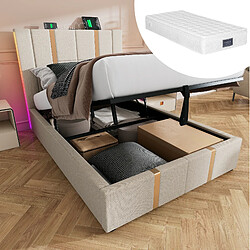 Avis STILVORA Lit simple rembourré 90/200 cm beige en lin avec LED RGB rangement et ports USB Type-C