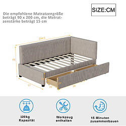 STILVORA Lit de jour 90/200 cm gris en tissu rembourre avec 2 tiroirs et sommier pas cher