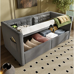 STILVORA Banquette-lit 90/190 cm gris en velours avec rangement hydraulique et USB pas cher